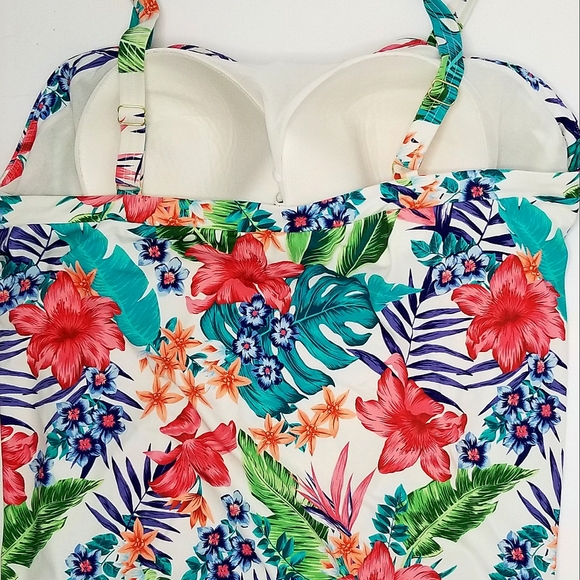 Swimsuits For All Colorful Tropical Floral Print Bandeau Blouson Takini Swim Top - Picture 6 of 9